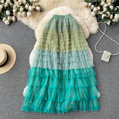 Arenvie | Ombre Rainbow Layered Mesh Maxi Skirt