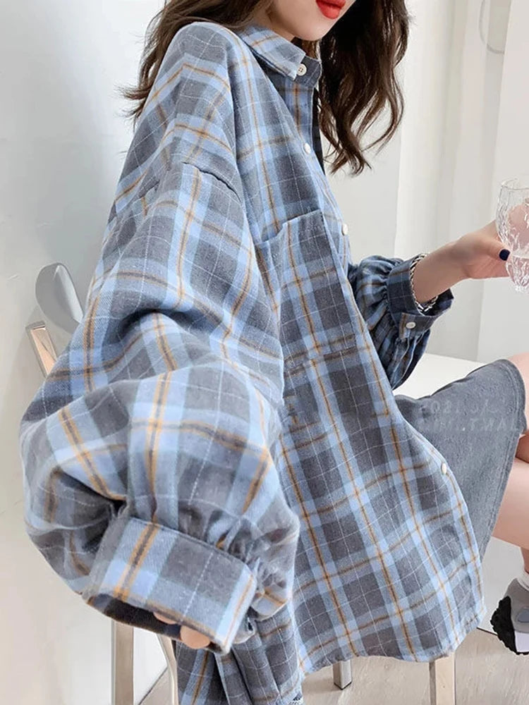 Maevie | Oversized Plaid Cotton Shirt